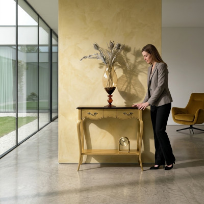 Tavolino console in legno per ingresso, giallo, nuovo.