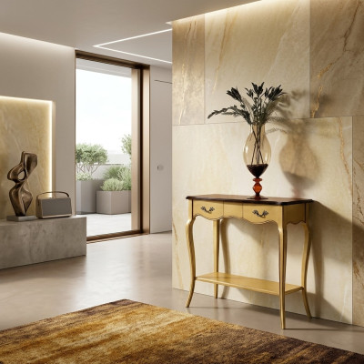 Tavolino console in legno per ingresso, giallo, nuovo.