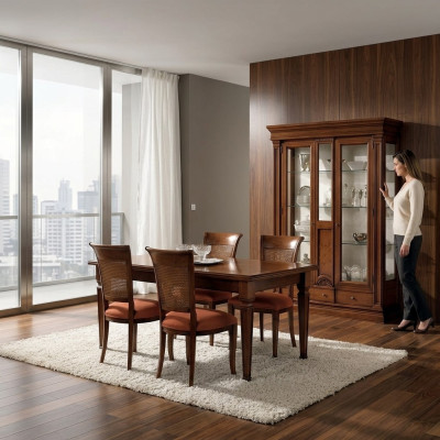 Sala da pranzo Tavolo Sedie Madia Vetrina Gruppo Set di 7 pezzi in legno marrone.
