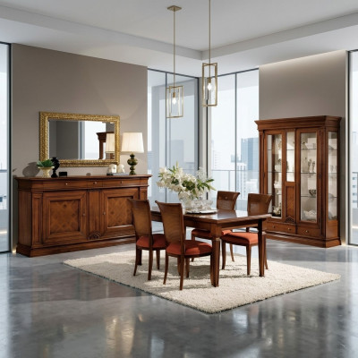 Sala da pranzo Tavolo Sedie Madia Vetrina Gruppo Set di 7 pezzi in legno marrone.