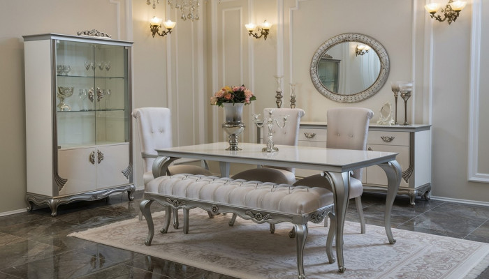 Sala da pranzo Set 9 pezzi Tavolo sedie Comò Vetrina Specchio Tavoli da pranzo Legno