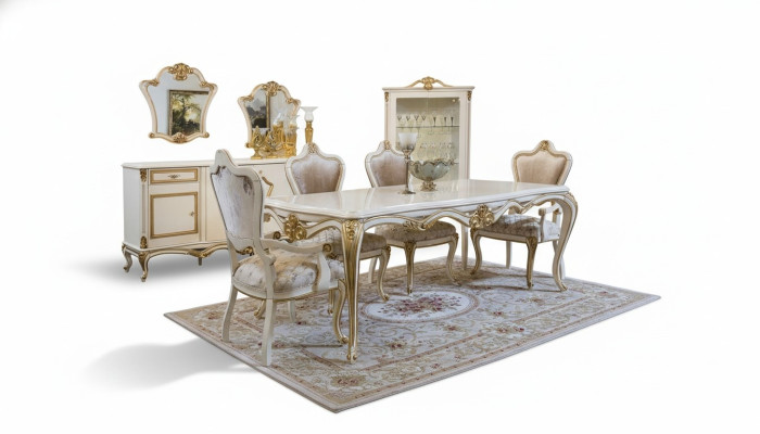 Sala da pranzo classica Tavolo Vetrina 4 sedie Set da pranzo Comò 7 pezzi.