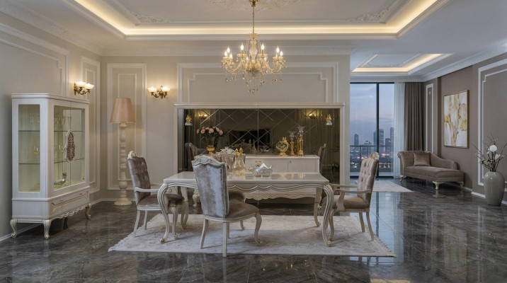 Stile classico a 7 pezzi per un elegante set da pranzo.