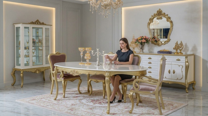 Set sala da pranzo design 8 pezzi tavolo sedia cassettone vetrina specchio  Set sala da pranzo design 8 pezzi: tavolo, sedia, cassettone, vetrina, specchio