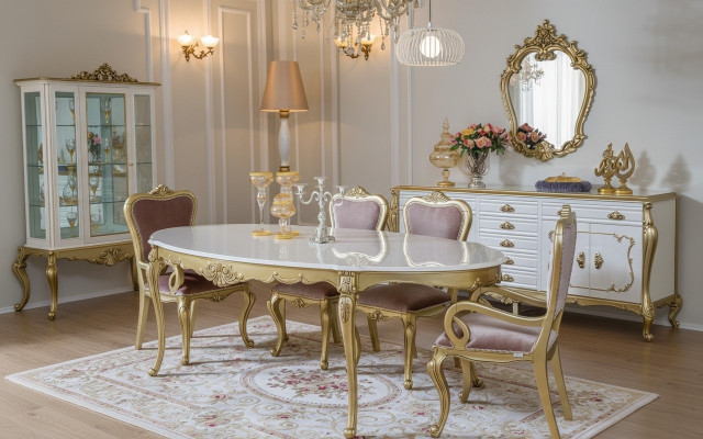 Set sala da pranzo design 8 pezzi tavolo sedia cassettone vetrina specchio  Set sala da pranzo design 8 pezzi: tavolo, sedia, cassettone, vetrina, specchio