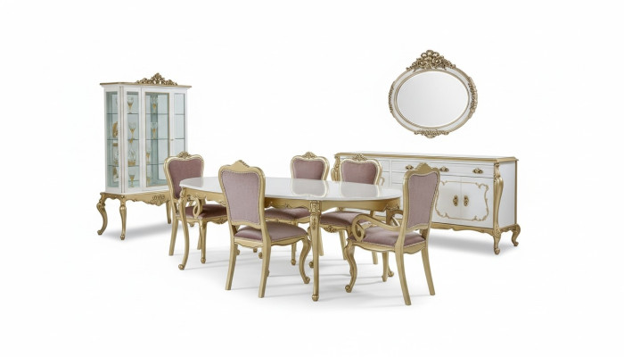 Set sala da pranzo design 8 pezzi tavolo sedia cassettone vetrina specchio  Set sala da pranzo design 8 pezzi: tavolo, sedia, cassettone, vetrina, specchio