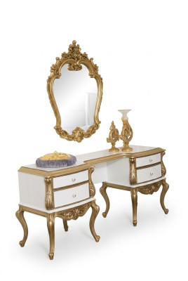 Tavolo da toeletta reale con specchio barocco, console in legno 2 pezzi.