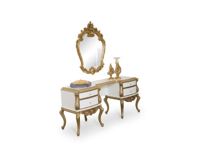 Tavolo da toeletta reale con specchio barocco, console in legno 2 pezzi.