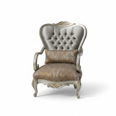 Sedia Chesterfield in argento stile francese, poltrona in legno ad una piazza.