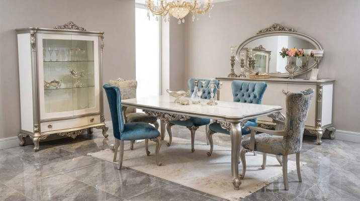 Set da pranzo con vetrina, tavolo, 6 sedie, cassettiera, specchio, stile Art Déco, 10 pezzi