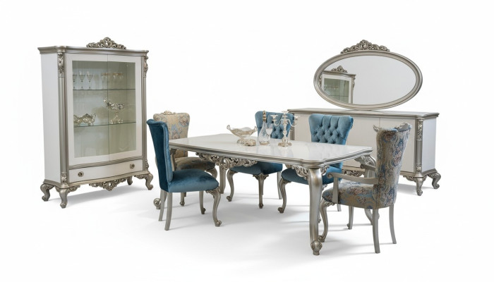 Set da pranzo con vetrina, tavolo, 6 sedie, cassettiera, specchio, stile Art Déco, 10 pezzi