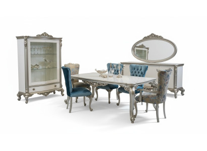 Set da pranzo con vetrina, tavolo, 6 sedie, cassettiera, specchio, stile Art Déco, 10 pezzi