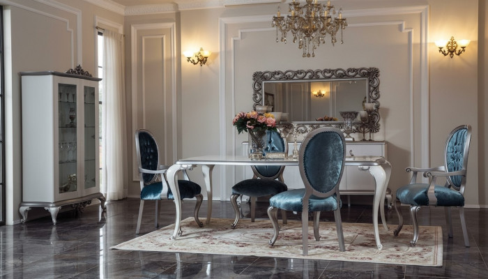 Design sala da pranzo Set 8 pezzi Sedia Comò Vetrina Specchio Tavoli da pranzo Legno