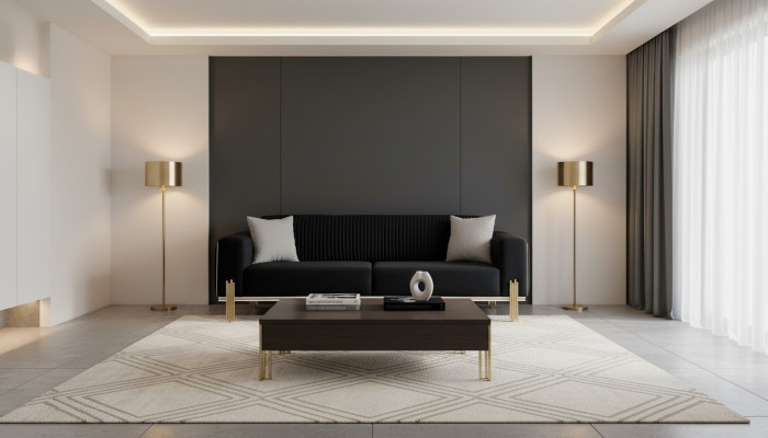Divano a tre posti in velluto con struttura in metallo dorato, design moderno e imbottitura. Nuovi.