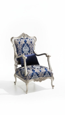 Poltrona monoposto di lusso imbottita in tessuto blu a motivo floreale, stile barocco.