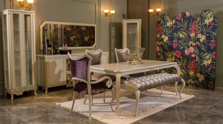Set sala da pranzo di design 8 pezzi, tavolo da pranzo, sedia, cassettiera, vetrina, sgabello, legno