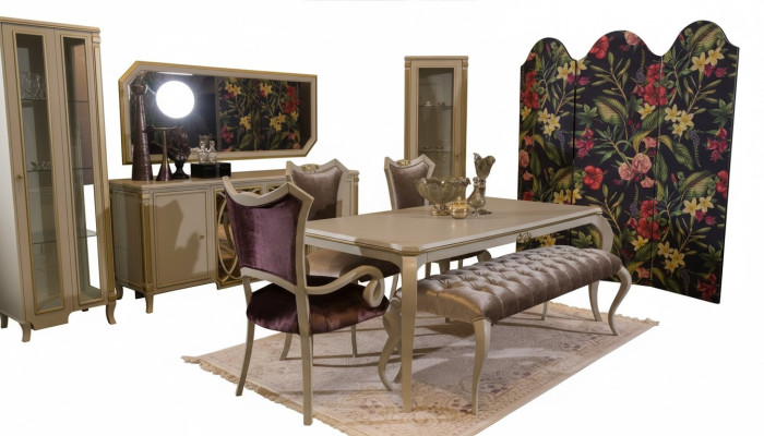 Set sala da pranzo di design 8 pezzi, tavolo da pranzo, sedia, cassettiera, vetrina, sgabello, legno