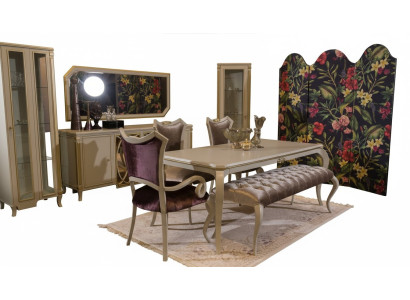 Set sala da pranzo di design 8 pezzi, tavolo da pranzo, sedia, cassettiera, vetrina, sgabello, legno