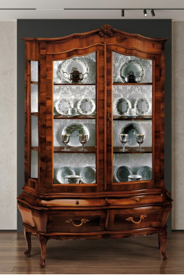 Mobile buffet in legno massiccio con 2 cassetti e ante in vetro per sala da pranzo o soggiorno
