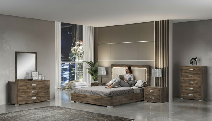 Set moderno di mobili da camera da letto con letto, comodino, comò e specchio 6 pezzi