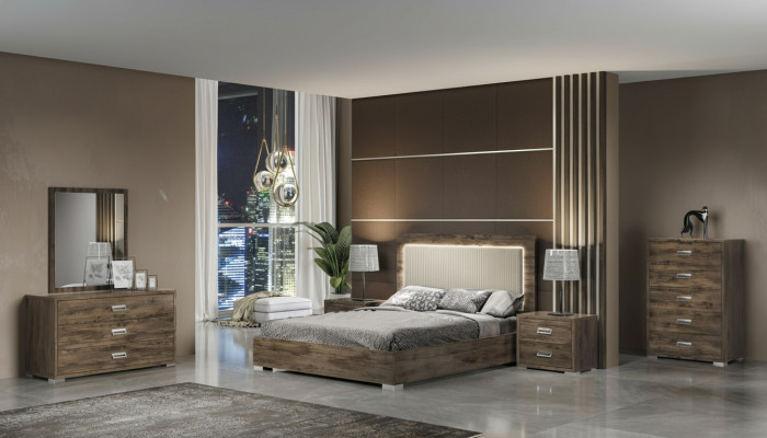 Set moderno di mobili da camera da letto con letto, comodino, comò e specchio 6 pezzi