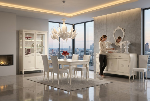 Sala da pranzo Tavolo da pranzo Sedia Comò Vetrina Gruppo di tavoli da pranzo in legno italiano Set 7 pezzi