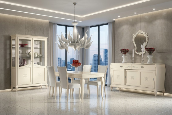Sala da pranzo Tavolo da pranzo Sedia Comò Vetrina Gruppo di tavoli da pranzo in legno italiano Set 7 pezzi