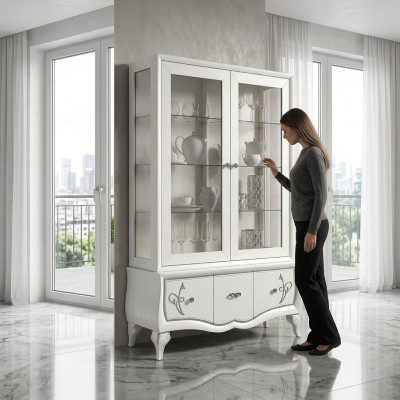 Vetrina di lusso in vetro, mobile antico di stile moderno in legno Vetrine italiane.