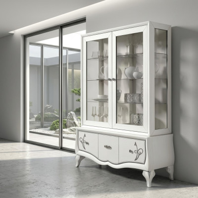 Vetrina di lusso in vetro, mobile antico di stile moderno in legno Vetrine italiane.