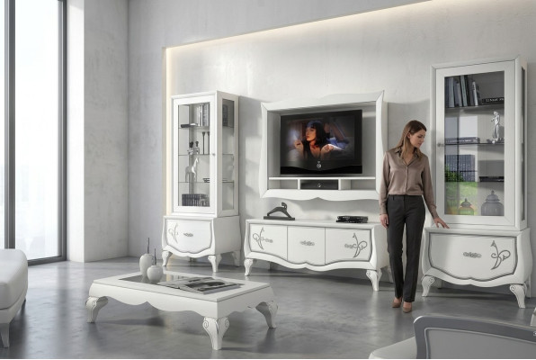 Set di mobili per l'arredamento TV 4 pezzi. Mobile TV, vetrina, credenza, armadio design nuovo.