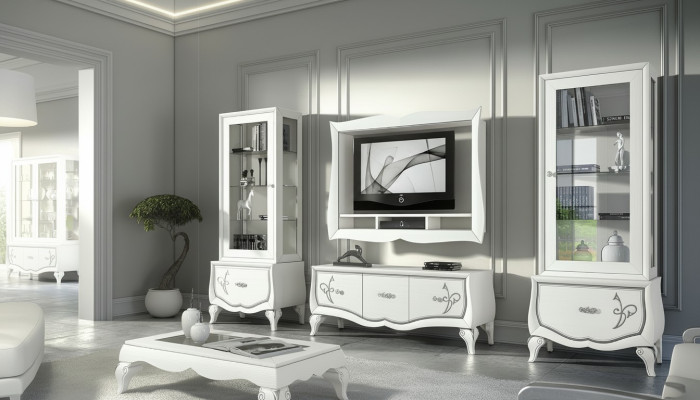 Set di mobili per l'arredamento TV 4 pezzi. Mobile TV, vetrina, credenza, armadio design nuovo.