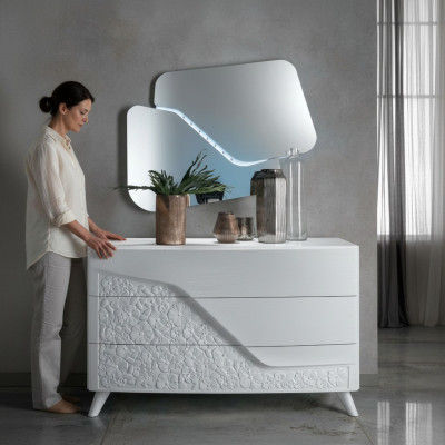Set di lusso 2 pezzi Comò Specchio Comò Legno Consolle Design moderno Bianco Nuovo