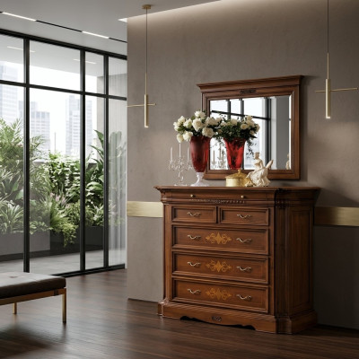 Comò in legno massiccio con specchio, credenza con specchiera, set di comodini. Mobili italiani 2 pezzi.
