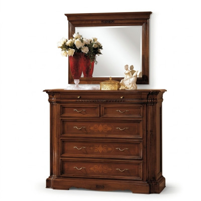 Comò in legno massiccio con specchio, credenza con specchiera, set di comodini. Mobili italiani 2 pezzi.