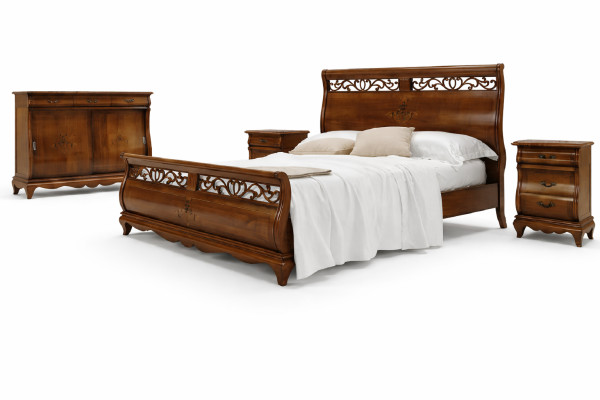Set di mobili da camera da letto 4 pezzi. Letto 2 comodini Cassettiera Legno massiccio Mobili di design.