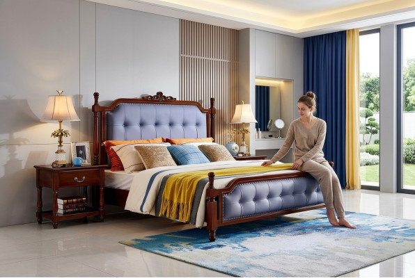 Letto di lusso Camera da letto matrimoniale in legno Struttura del letto imbottita Chesterfield.