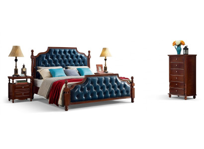 Letto matrimoniale Chesterfield di lusso in legno per camera da letto con mobili imbottiti.