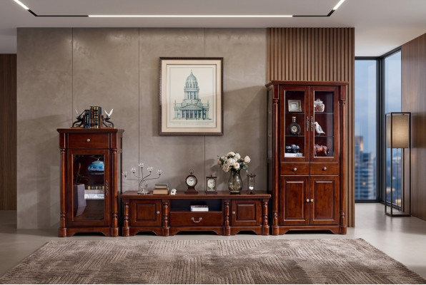 Design: parete attrezzata, mobile TV basso e 2 vetrine in stile classico - Set 3 pezzi.