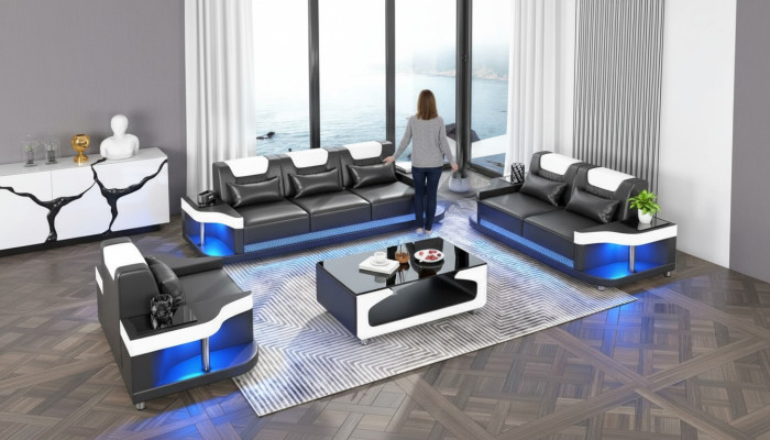 Set di divani 3+2+1 posti in pelle design per il salotto con divani imbottiti.
