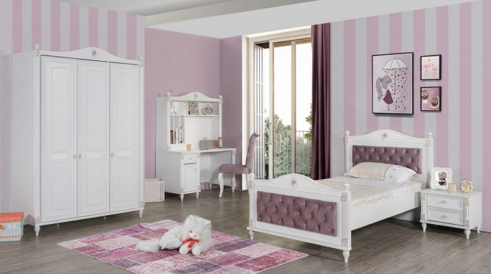 Camera per ragazzi, letto, comodino, armadio, scrivania, set completo di 4 pezzi per la camera da letto.