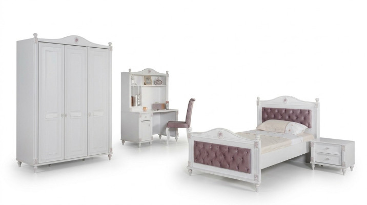 Camera per ragazzi, letto, comodino, armadio, scrivania, set completo di 4 pezzi per la camera da letto.