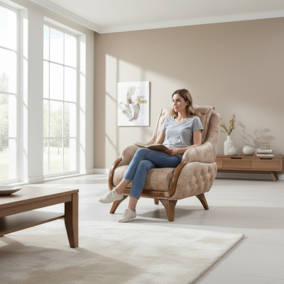 Poltrona Sedia Design Classico Soggiorno Imbottita Singolo in Pelle Stile