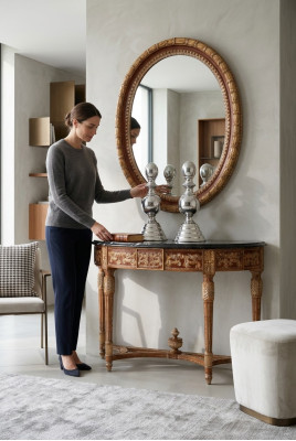 Legno Italiano Mobili Set di 2 pezzi Mobili Stile Barocco Consolle con Specchio Nuovo