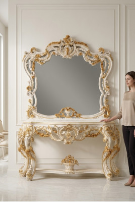 Specchio classico Tavolo da trucco in legno bianco da sala da pranzo camere da letto Mobili 2 pezzi