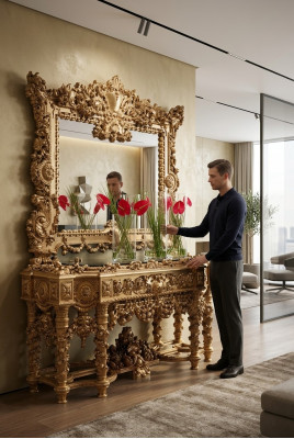 Consolle credenza tavolo comò in legno massiccio intaglio specchio stile antico Italia
