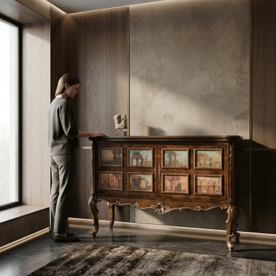 Magnifica credenza buffet con immagini di edifici architettonici sulle facciate.