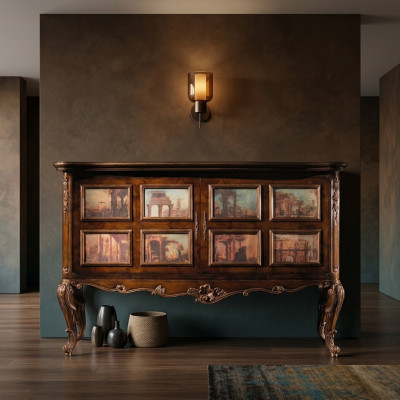 Magnifica credenza buffet con immagini di edifici architettonici sulle facciate.