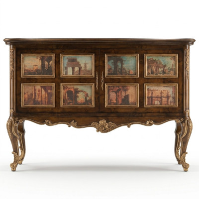 Magnifica credenza buffet con immagini di edifici architettonici sulle facciate.
