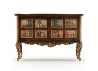 Magnifica credenza buffet con immagini di edifici architettonici sulle facciate.