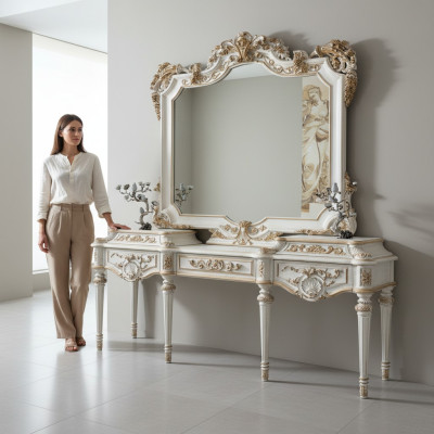 Tavolo consolle bianco lussuoso e specchio con cornice intagliata.